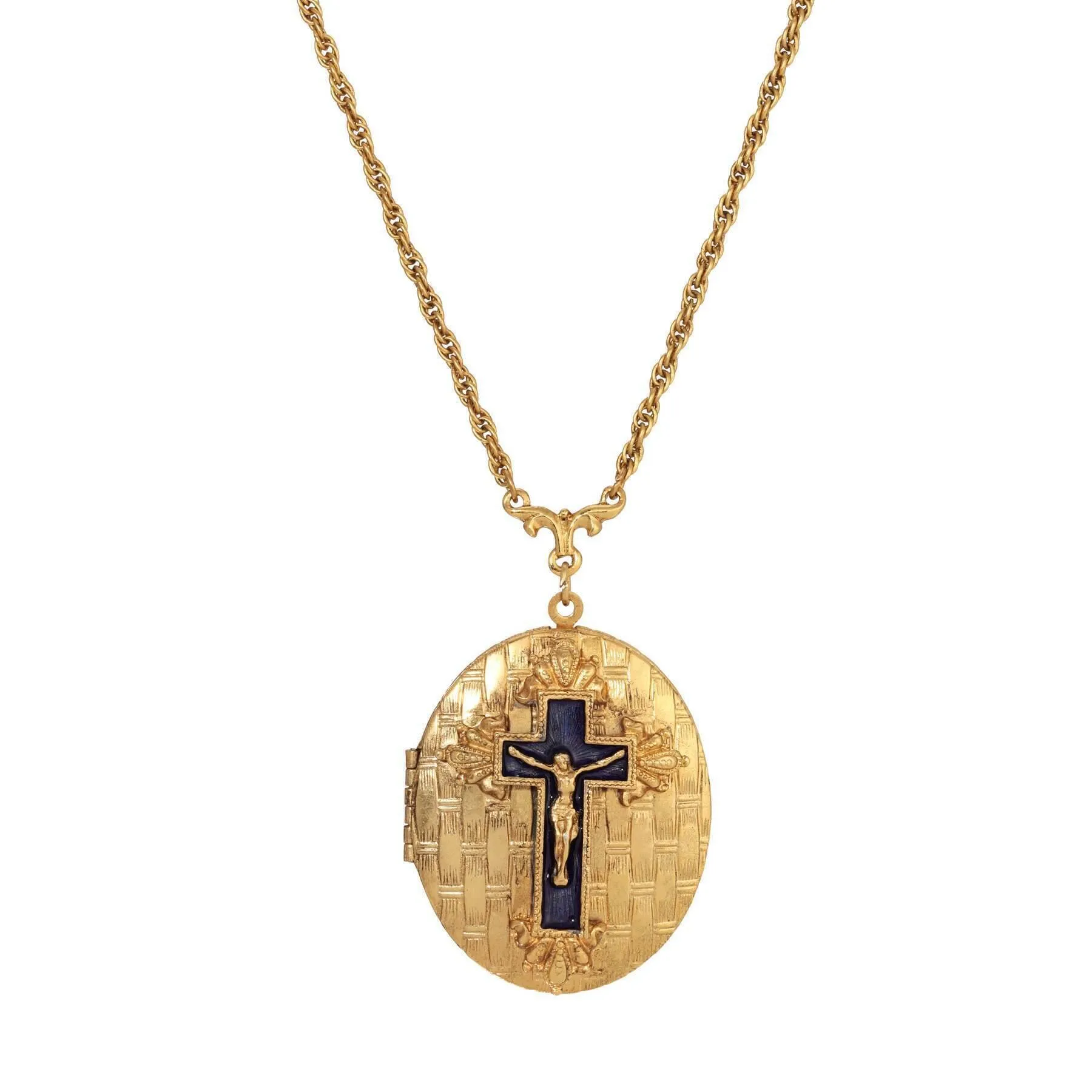 Symbols Of Faith Blue Enamel Cross Textured Oval Locket Necklace 28"L 1928 Jewelry