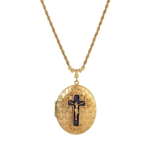 Symbols Of Faith Blue Enamel Cross Textured Oval Locket Necklace 28"L 1928 Jewelry