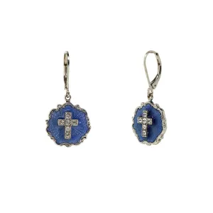 Symbols of Faith Blue Enamel Crystal Cross Round Earrings 1928 Jewelry