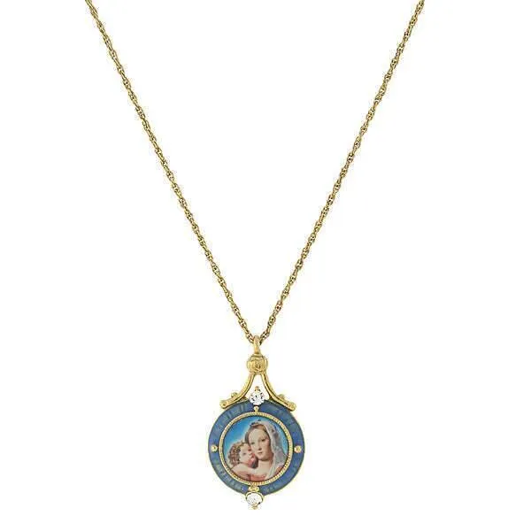 Symbols Of Faith Blue Enamel Mary And Child Pendant Necklace 16"   3" Extender 1928 Jewelry