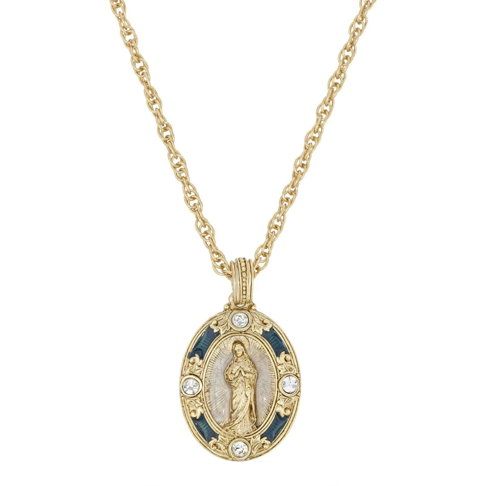 Symbols Of Faith Blue Enamel Virgin Mary Immaculate Pendant Necklace 18" 1928 Jewelry