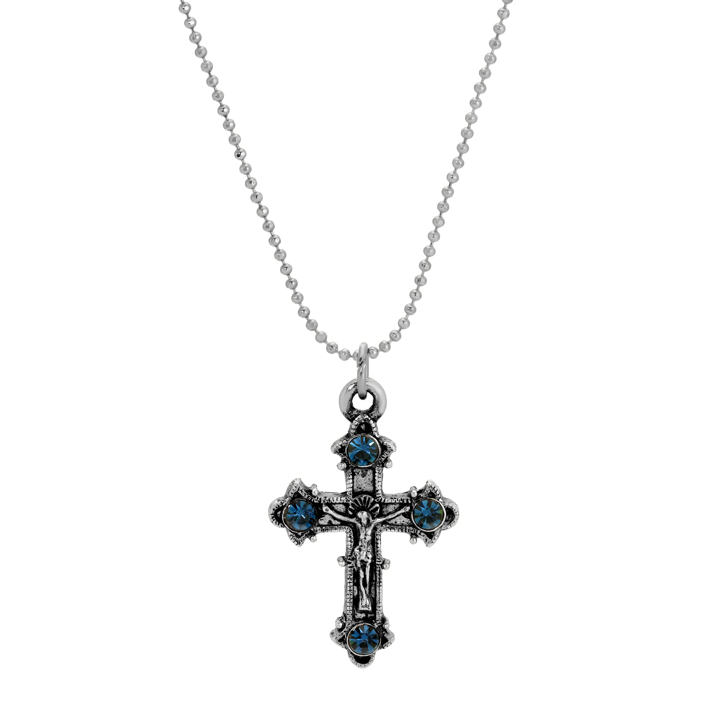 Symbols Of Faith Blue Montana Crystal Crucifix Pendant Necklace 16" 1928 Jewelry