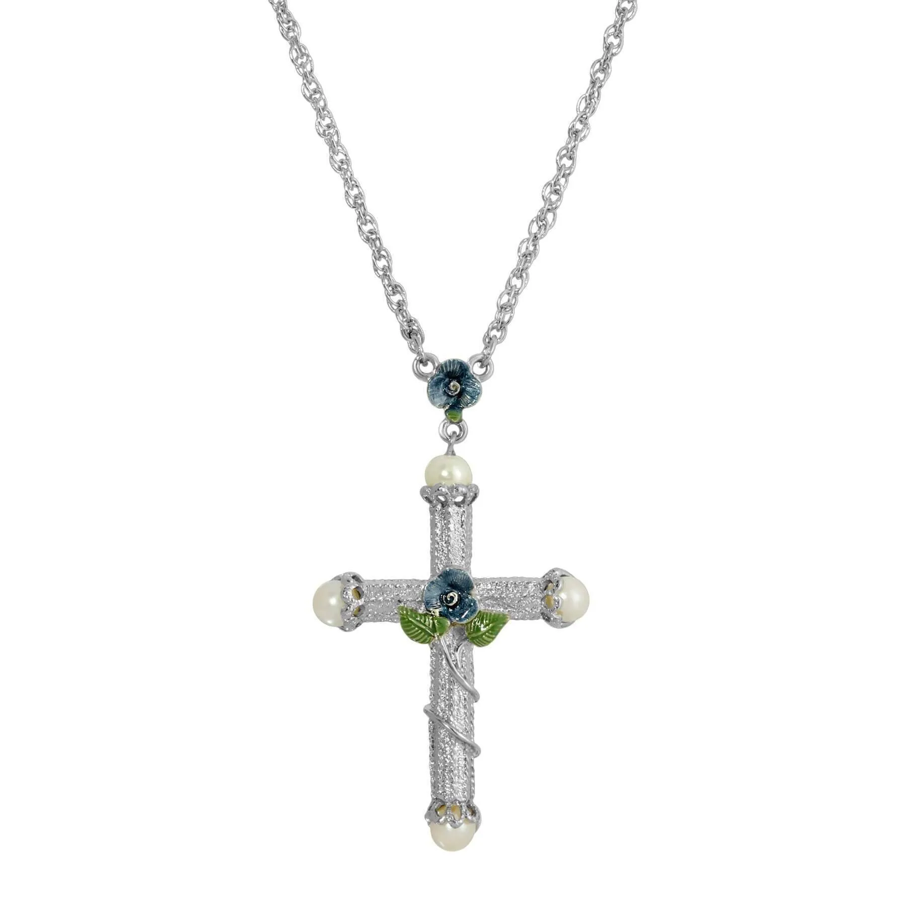 Symbols Of Faith Blue Rose Enamel Cross Faux Pearl Pendant Necklace 30" 1928 Jewelry