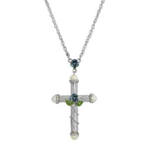 Symbols Of Faith Blue Rose Enamel Cross Faux Pearl Pendant Necklace 30" 1928 Jewelry