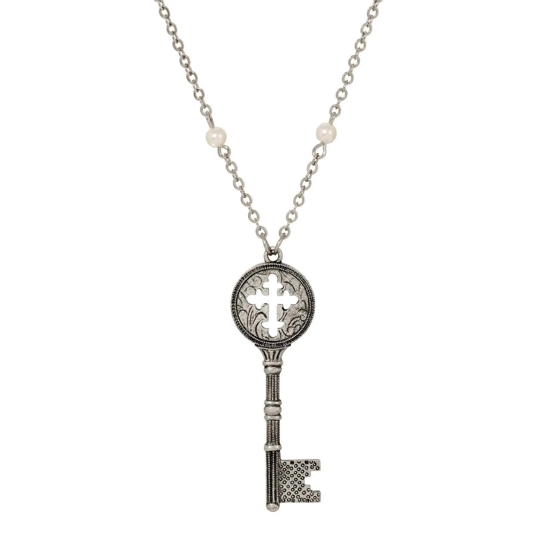 Symbols Of Faith Budded Cross Key Pendant Faux Pearl Accent Necklace 28"L 1928 Jewelry