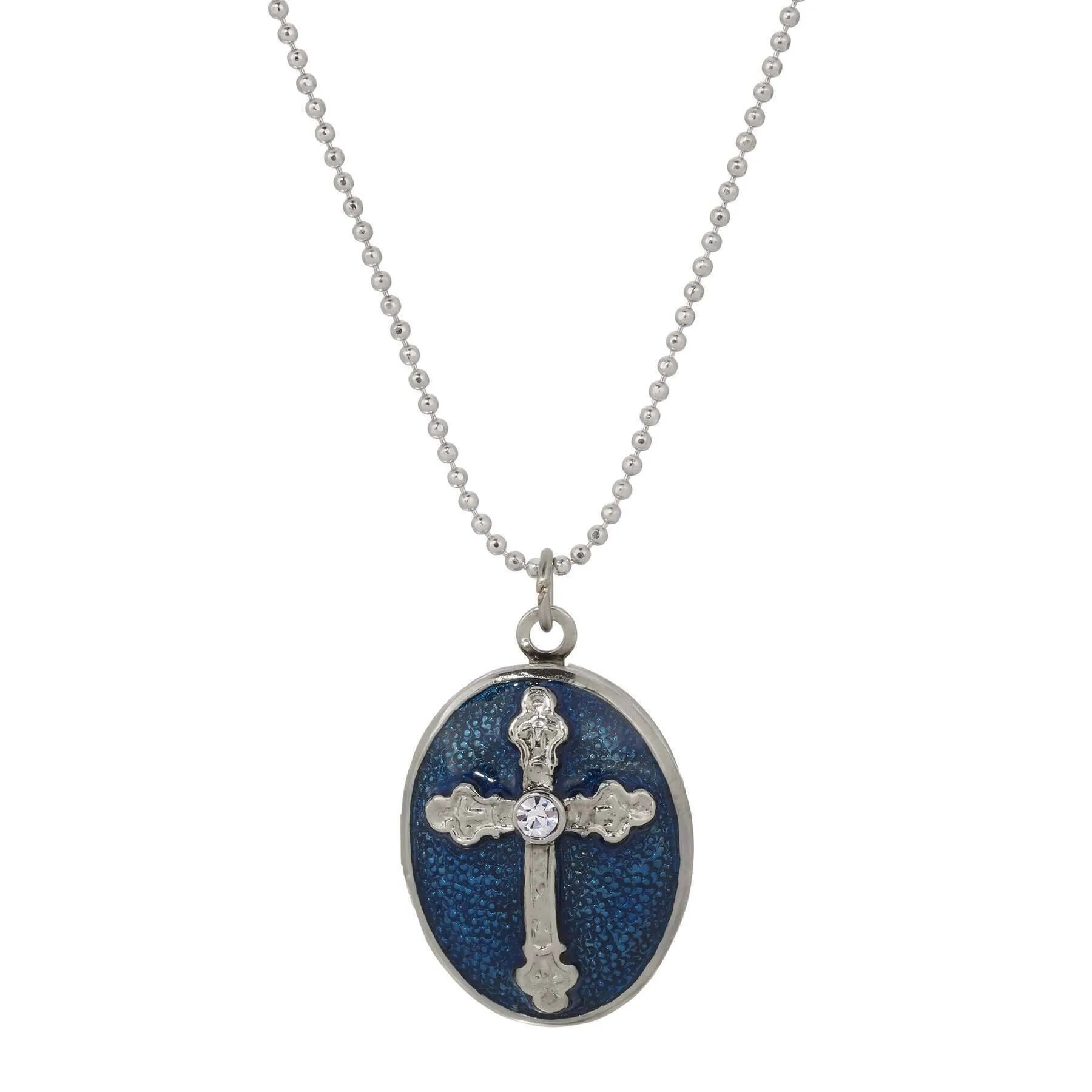 Symbols Of Faith Budded Cross Oval Enamel Photo Locket Necklace 18" 1928 Jewelry