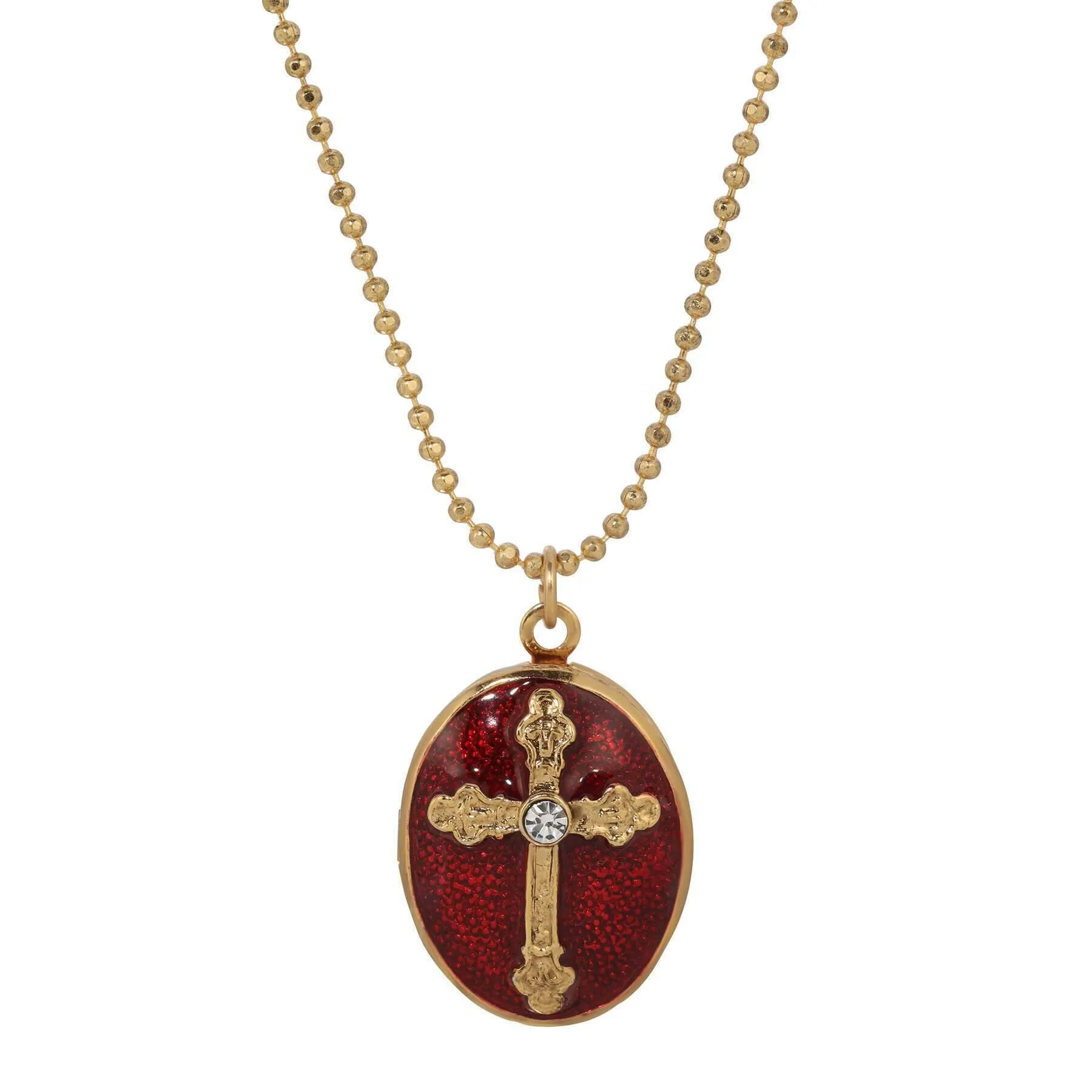 Symbols Of Faith Budded Cross Oval Enamel Photo Locket Necklace 18" 1928 Jewelry
