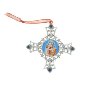 Symbols Of Faith Cross & Mother And Child Decal Blue European Crystals Hanging Christmas Tree Ornament 1928 Jewelry