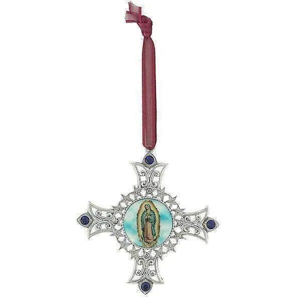 Symbols of Faith Cross & Our Lady Of Guadalupe Decal Blue European Crystal Christmas Tree Ornament 1928 Jewelry