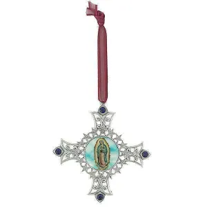 Symbols of Faith Cross & Our Lady Of Guadalupe Decal Blue European Crystal Christmas Tree Ornament 1928 Jewelry