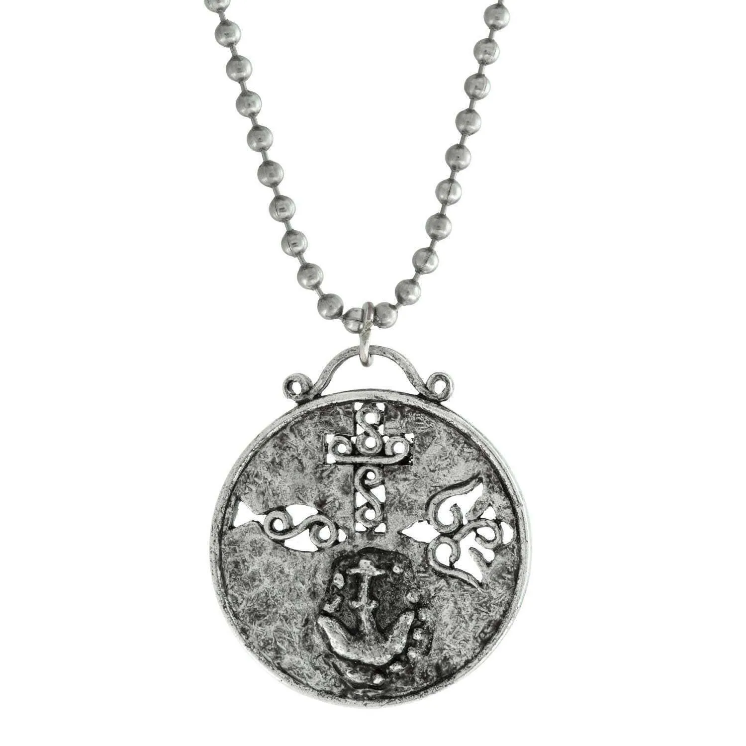 Symbols Of Faith Cross Dove Fish And Anchor Round Medallion Pendant Necklace 22" 1928 Jewelry