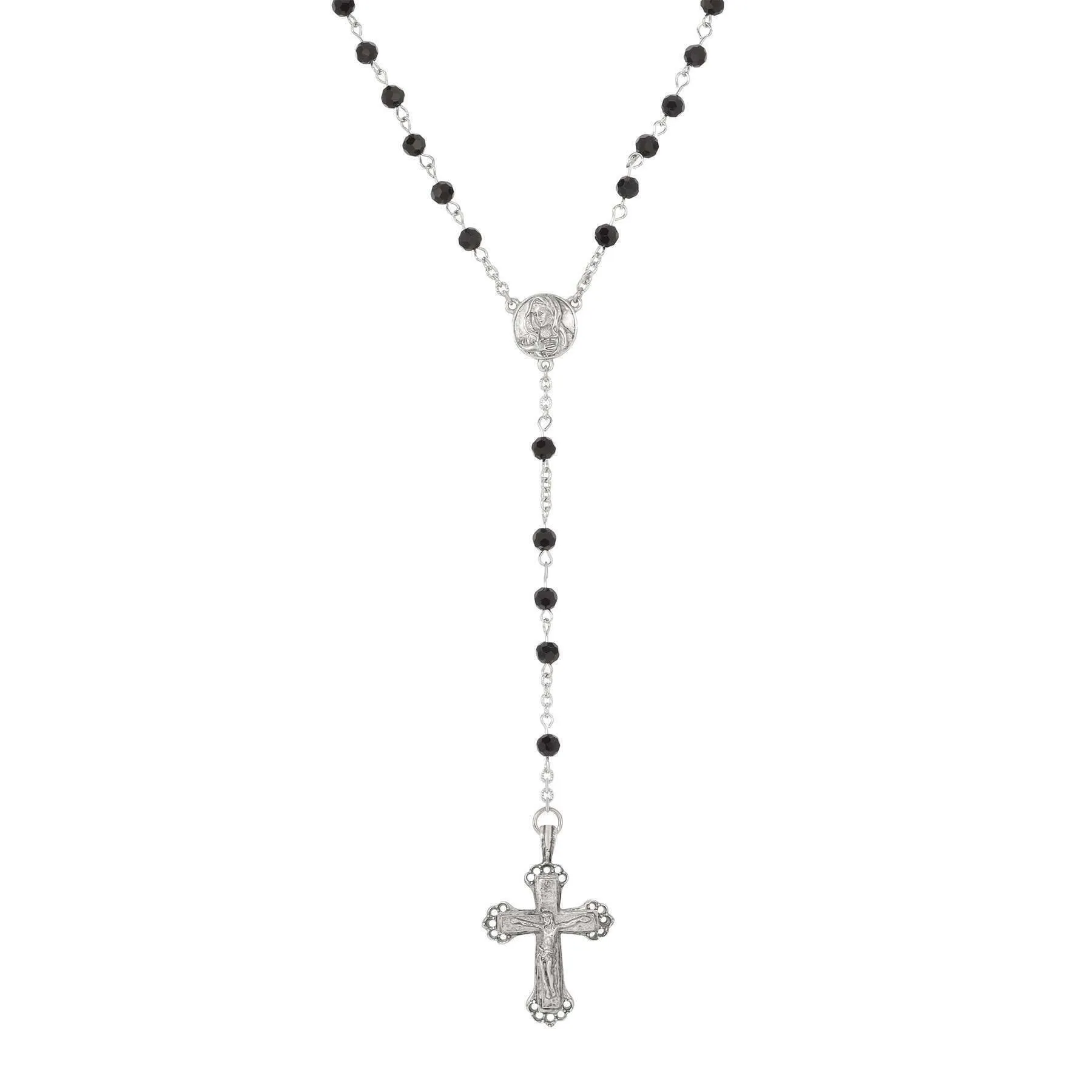 Symbols Of Faith Crucifix & Mother Mary Jet Black Glass Rosary Prayer Beads 1928 Jewelry