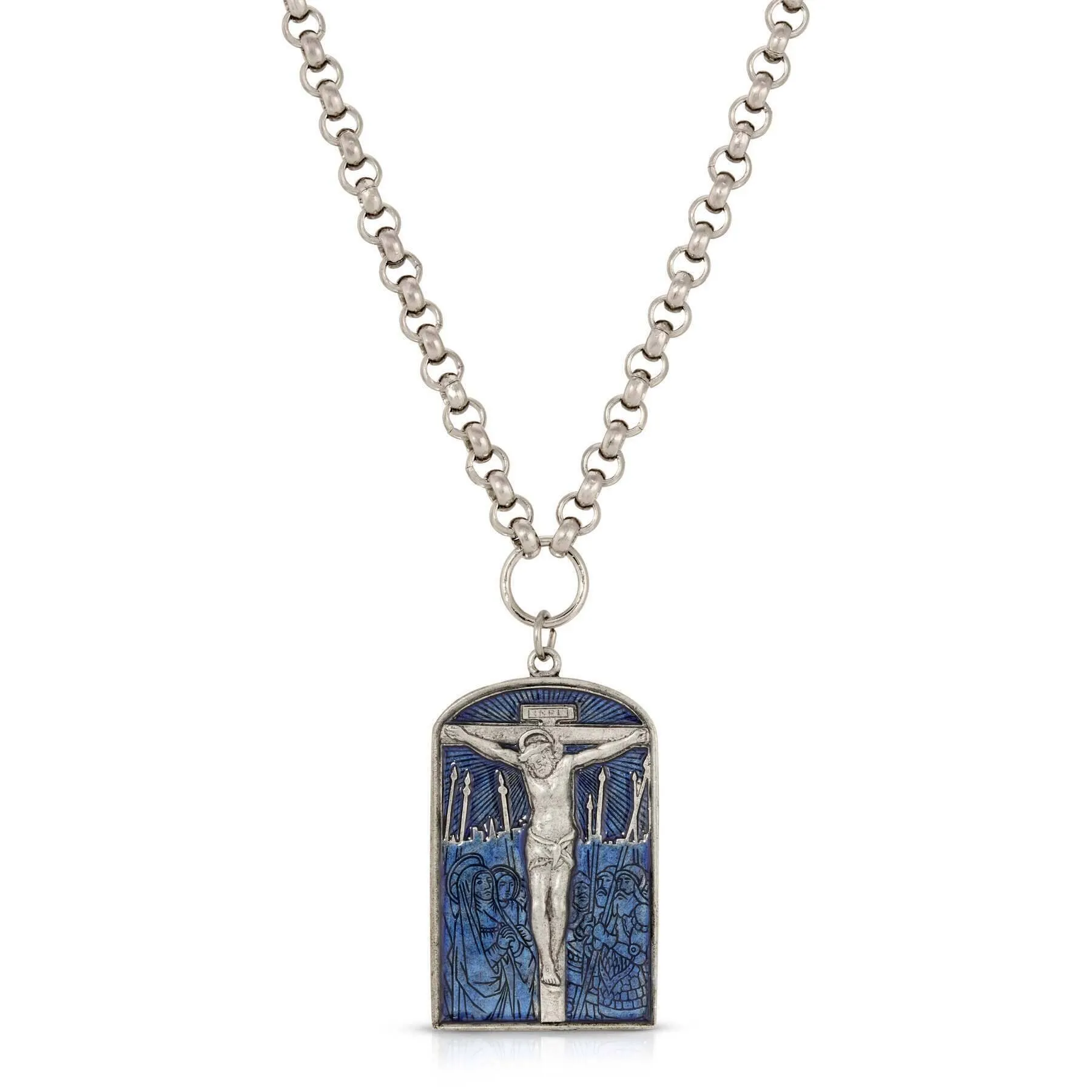 Symbols Of Faith Crucifixion Scene Blue Enamel Pendant Necklace 22"   3" Extender 1928 Jewelry