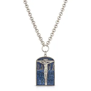 Symbols Of Faith Crucifixion Scene Blue Enamel Pendant Necklace 22"   3" Extender 1928 Jewelry
