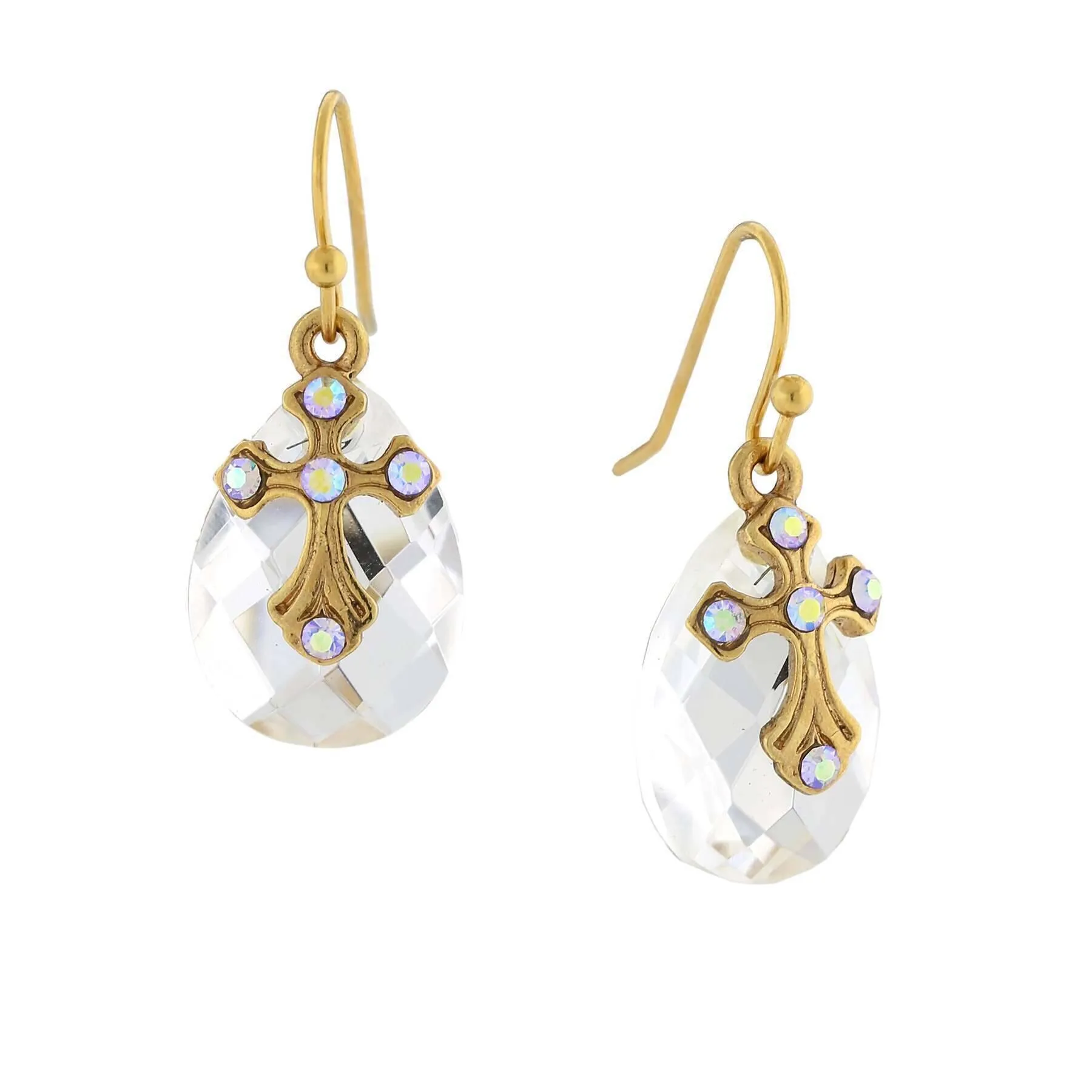 Symbols of Faith Crystal Ab Briolette Cross Drop Earrings 1928 Jewelry