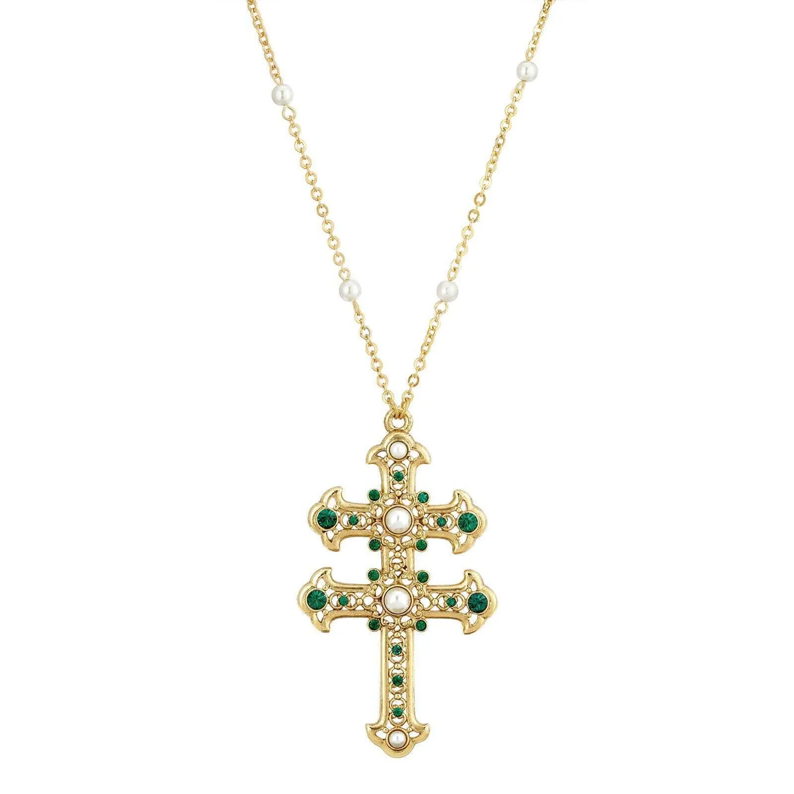 Symbols Of Faith Crystal and Faux Pearl Double Cross 30 Pendant Necklace 1928 Jewelry