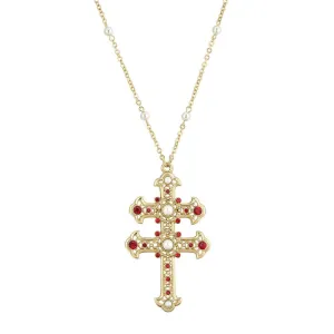 Symbols Of Faith Crystal and Faux Pearl Double Cross 30 Pendant Necklace 1928 Jewelry