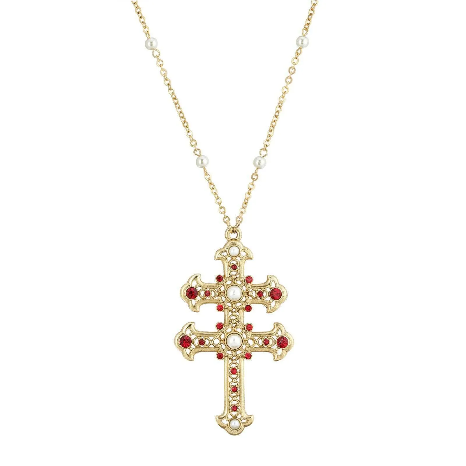 Symbols Of Faith Crystal and Faux Pearl Double Cross 30 Pendant Necklace 1928 Jewelry