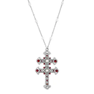 Symbols Of Faith Crystal and Faux Pearl Double Cross 30 Pendant Necklace 1928 Jewelry