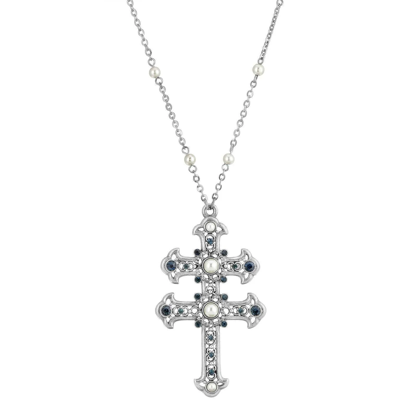 Symbols Of Faith Crystal and Faux Pearl Double Cross 30 Pendant Necklace 1928 Jewelry