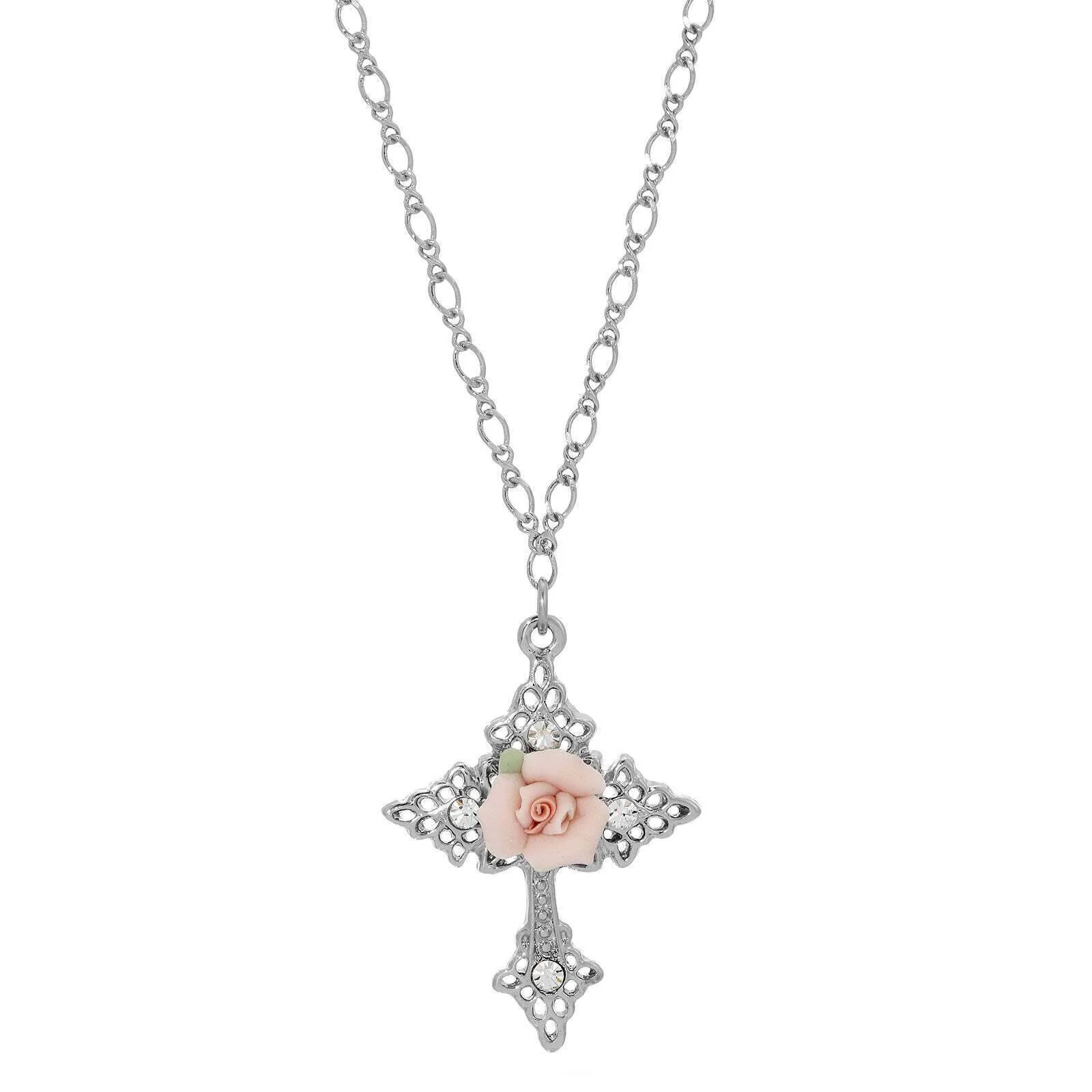 Symbols Of Faith Crystal And Porcelain Rose Cross Pendant Necklace 18" 1928 Jewelry