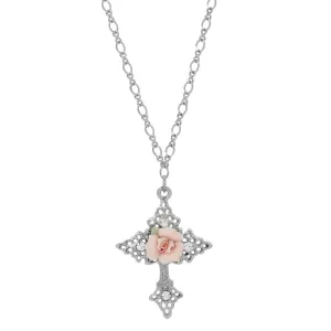 Symbols Of Faith Crystal And Porcelain Rose Cross Pendant Necklace 18" 1928 Jewelry