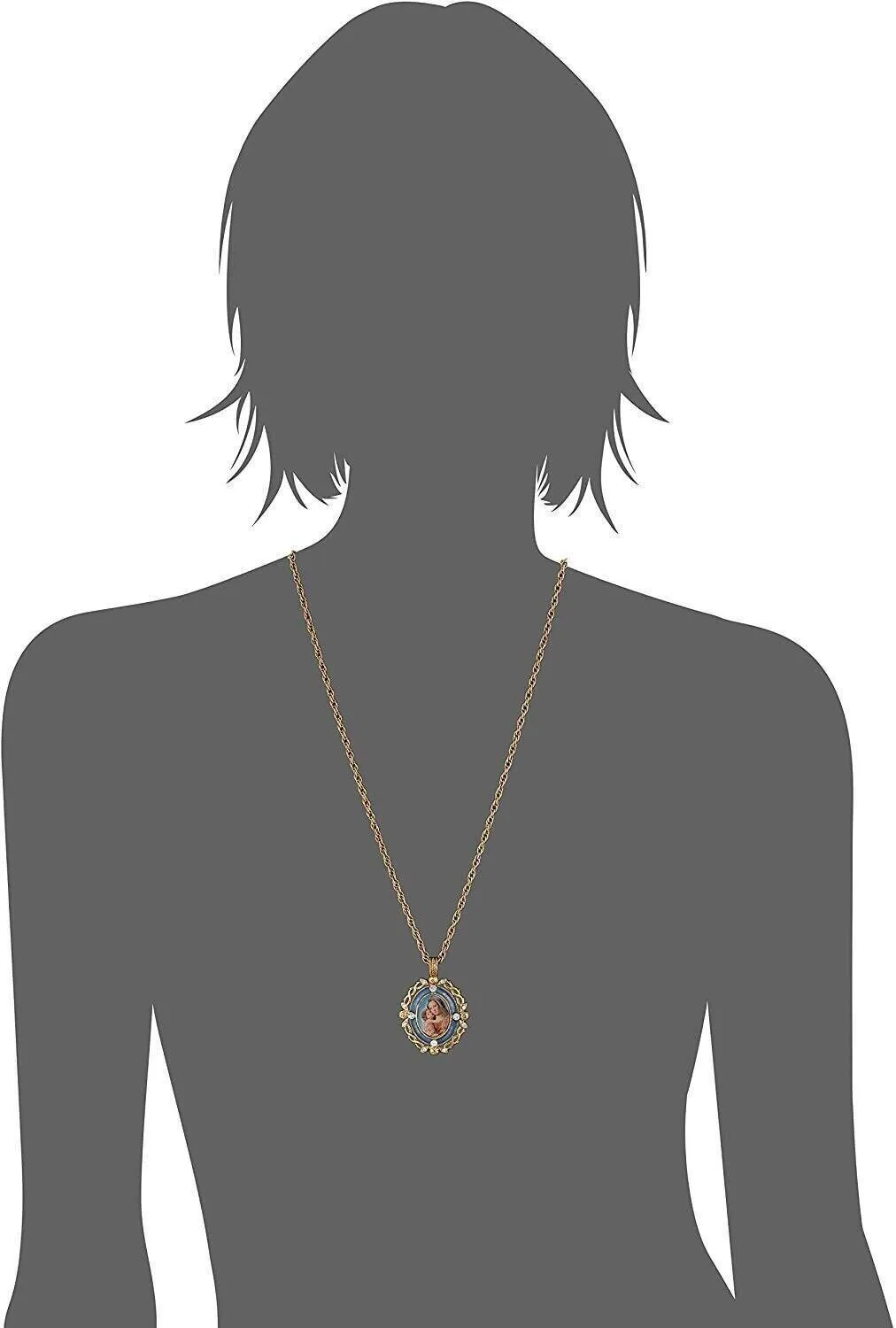 Symbols Of Faith Crystal Blue Enamel Mary And Child Pendant Necklace 24" 1928 Jewelry
