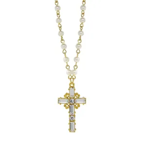 Symbols Of Faith Crystal Cross 4mm Faux Pearl Pendant Necklace 20" 1928 Jewelry
