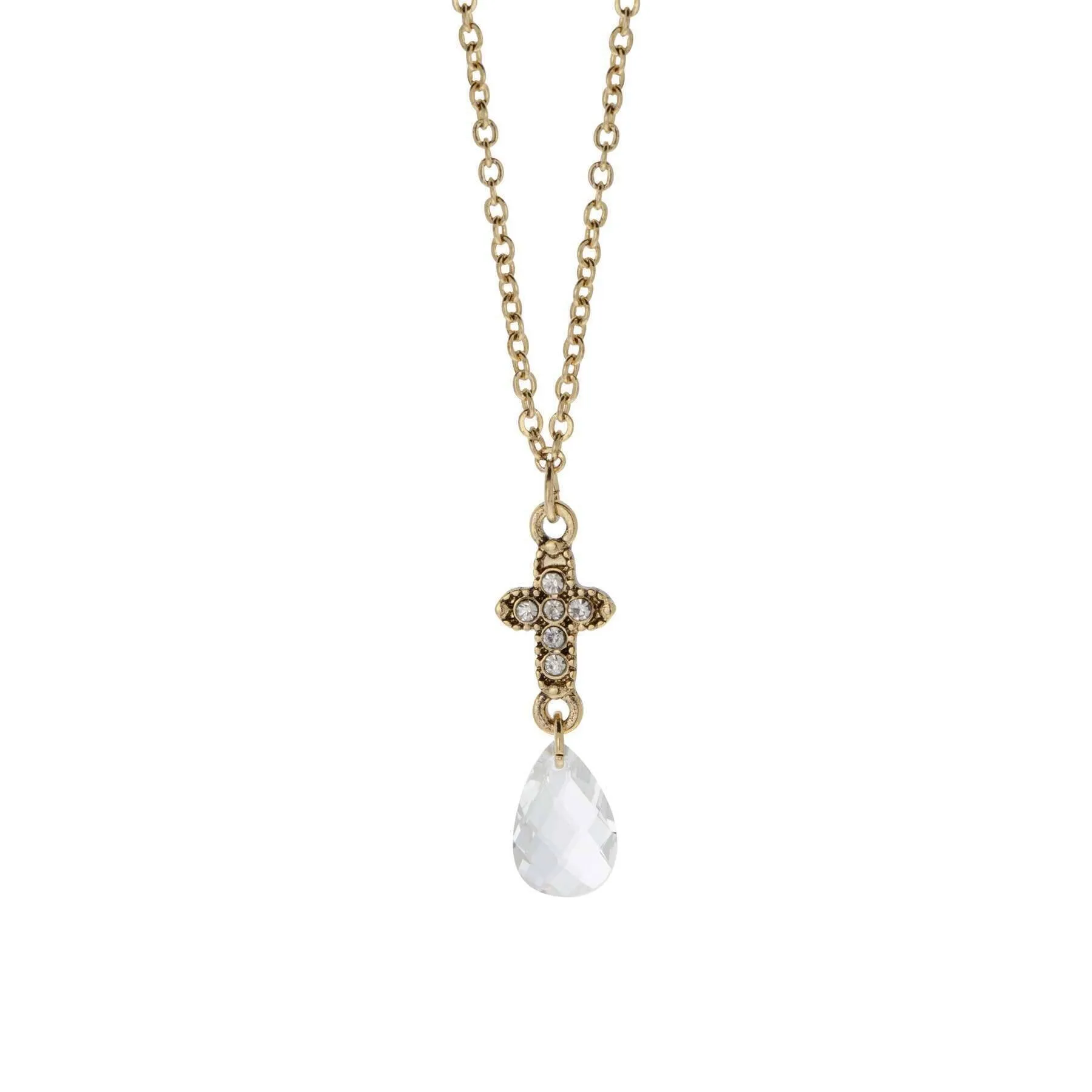 Symbols Of Faith Crystal Cross Briolette Stone Elegance Pendant Necklace 16" 1928 Jewelry