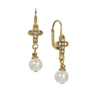 Symbols Of Faith Crystal Cross Faux Pearl Elegance Dangling Earrings 1928 Jewelry