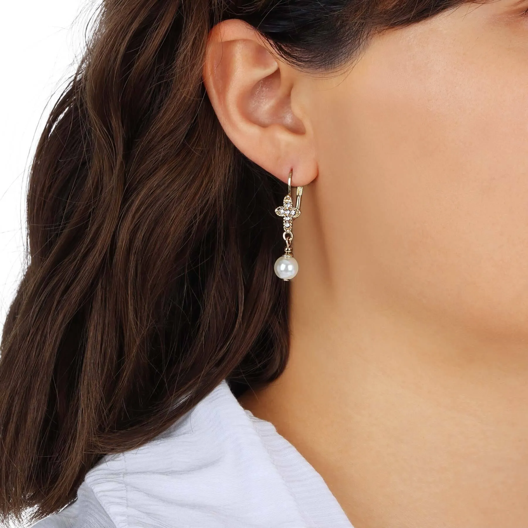 Symbols Of Faith Crystal Cross Faux Pearl Elegance Dangling Earrings 1928 Jewelry