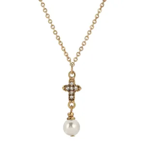 Symbols Of Faith Crystal Cross Faux Pearl Elegance Pendant Necklace 16" 1928 Jewelry