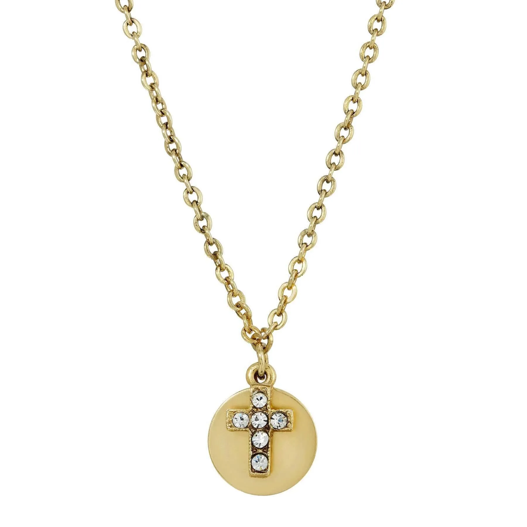 Symbols of Faith Crystal Cross Round Disc Pendant Necklace 16"   3" Extender 1928 Jewelry