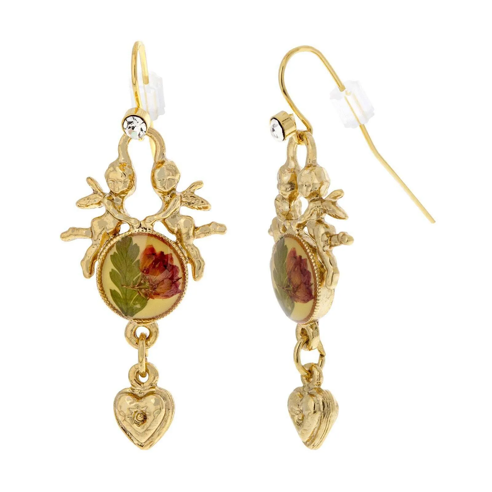 Symbols Of Faith Double Angels Red Rose Decal Heart Drop Earrings 1928 Jewelry