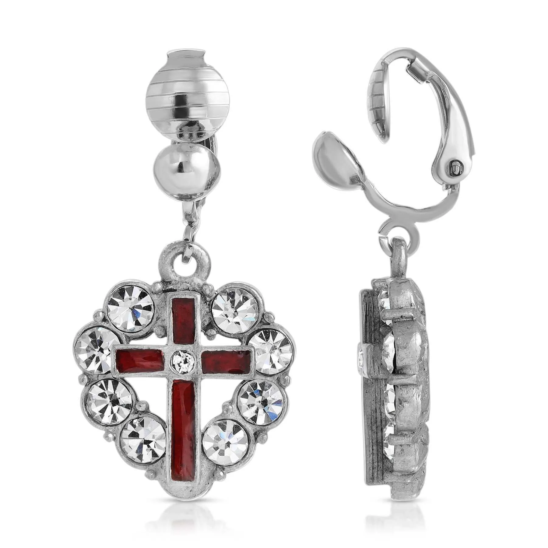 Symbols Of Faith Enamel Cross Crystal Heart Clip On Earrings 1928 Jewelry