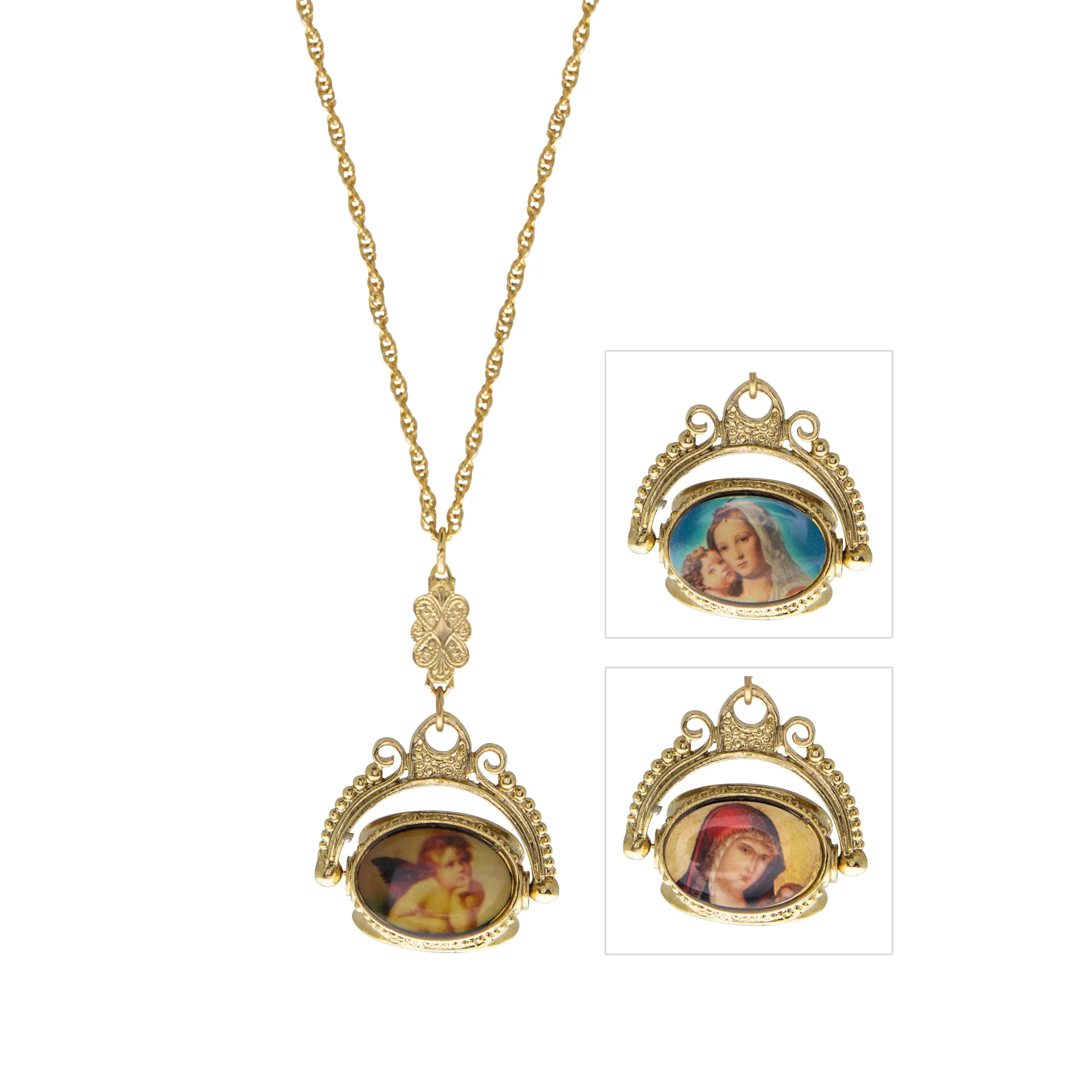 Symbols Of Faith Eternal Embrace & Cherub Spinner Pendant Necklace 30" 1928 Jewelry