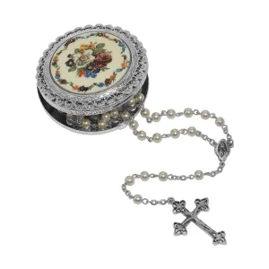 Symbols Of Faith Faux Pearl Rosary With Multicolor Floral Stone Rosary Box 1928 Jewelry