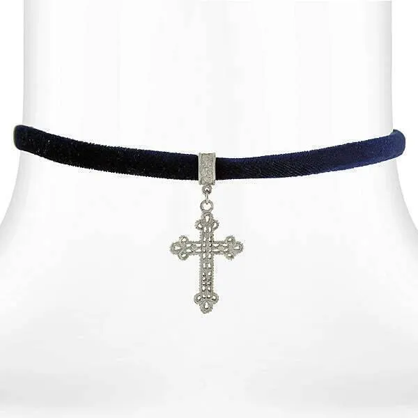 Symbols Of Faith Filigree Cross Pendant Necklace On Black Velvet Ribbon 12"   5" Extender 1928 Jewelry
