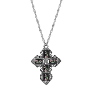 Symbols Of Faith Filigree Cross Pink Floral Enamel Stone Pendant Necklace 28" 1928 Jewelry