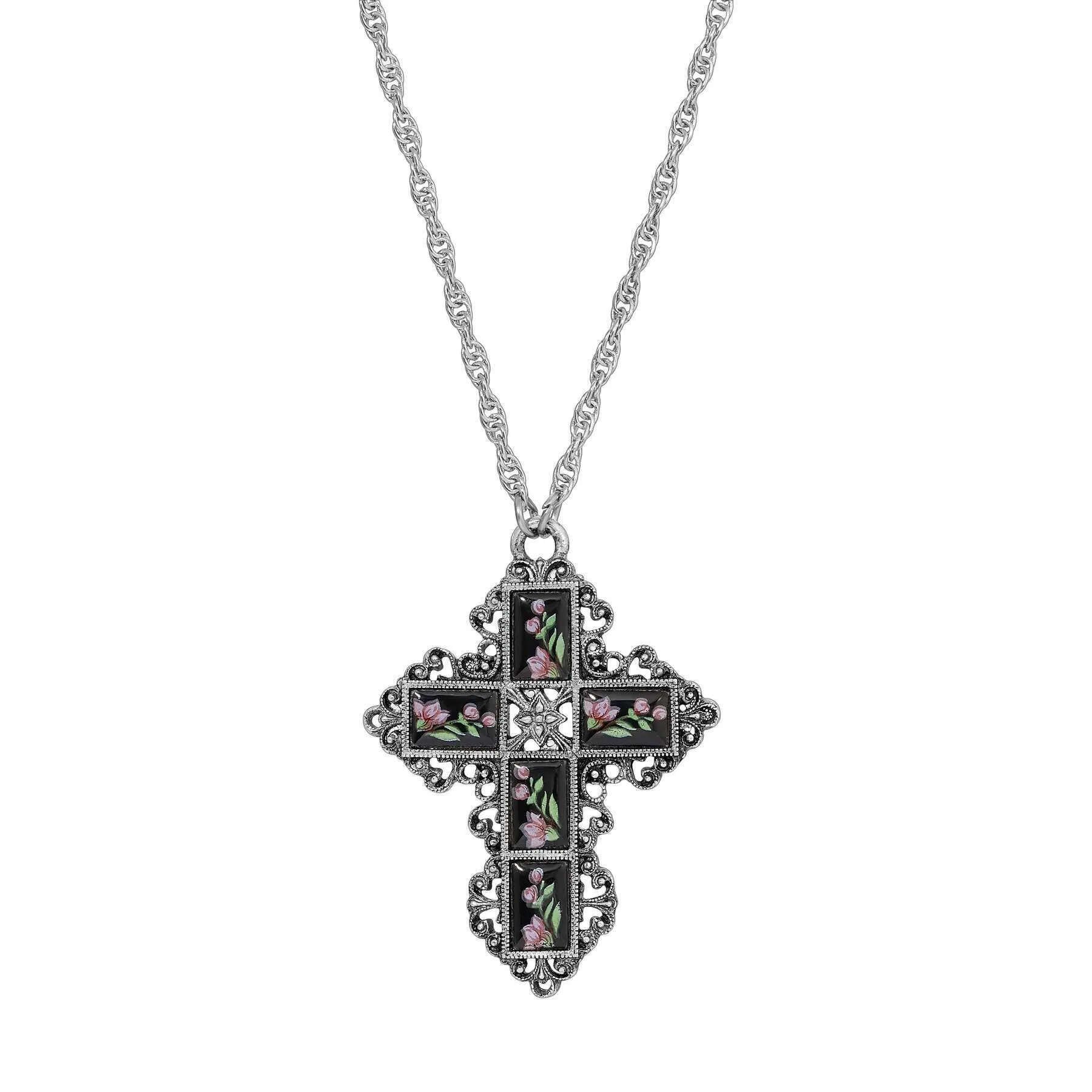 Symbols Of Faith Filigree Cross Pink Floral Enamel Stone Pendant Necklace 28" 1928 Jewelry