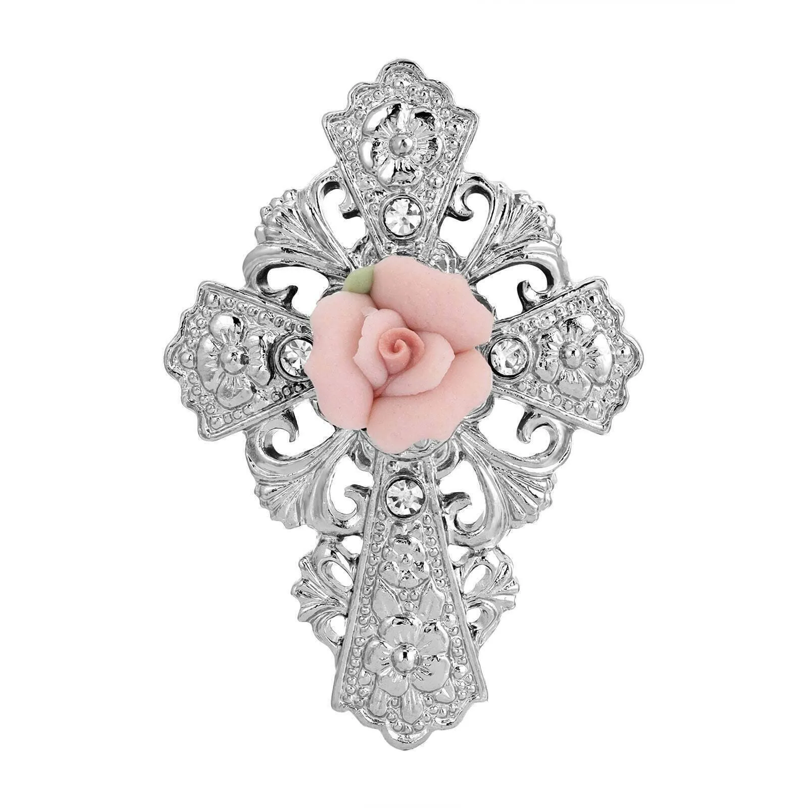 Symbols Of Faith Floral And Crystal Accent Pink Porcelain Rose Cross Pin 1928 Jewelry