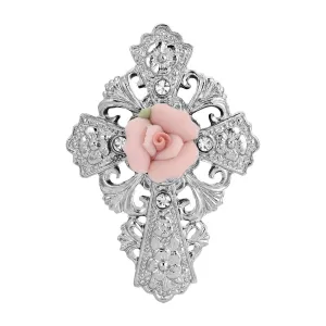 Symbols Of Faith Floral And Crystal Accent Pink Porcelain Rose Cross Pin 1928 Jewelry