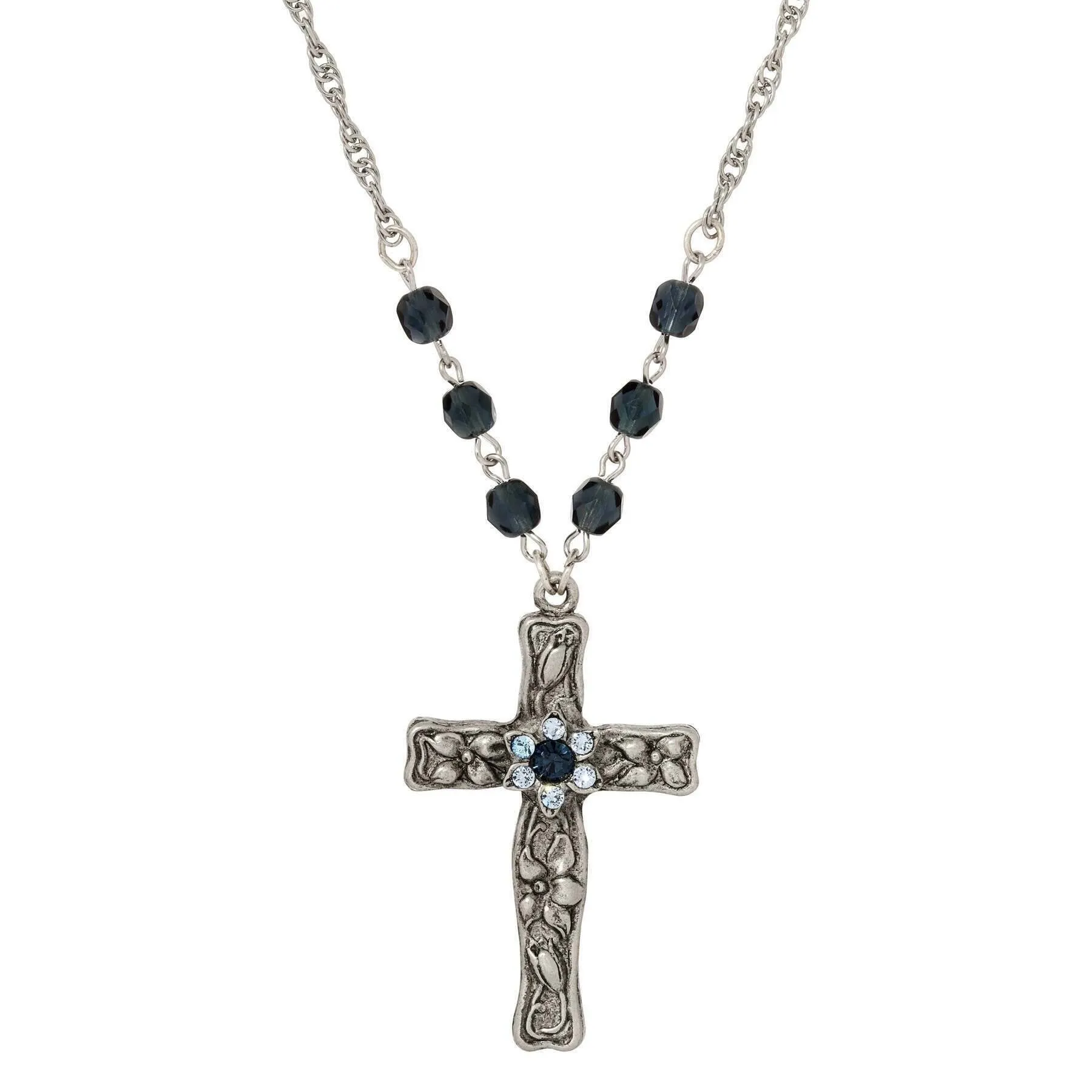 Symbols Of Faith Floral Blue Crystal Cross Pendant Necklace 28"L 1928 Jewelry
