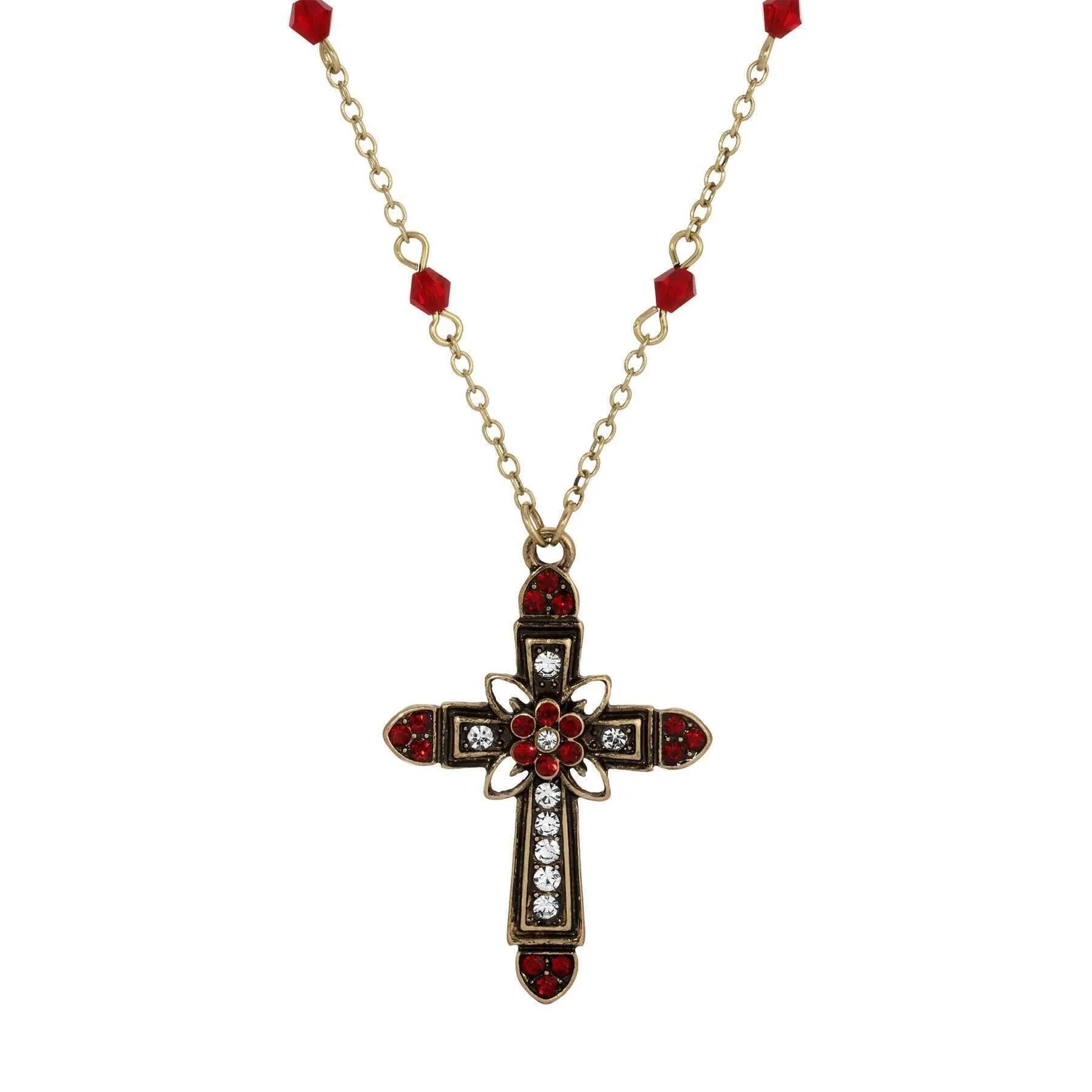 Symbols Of Faith Flower & Cross Crystal Pendant Necklace 16"   3" Extension 1928 Jewelry