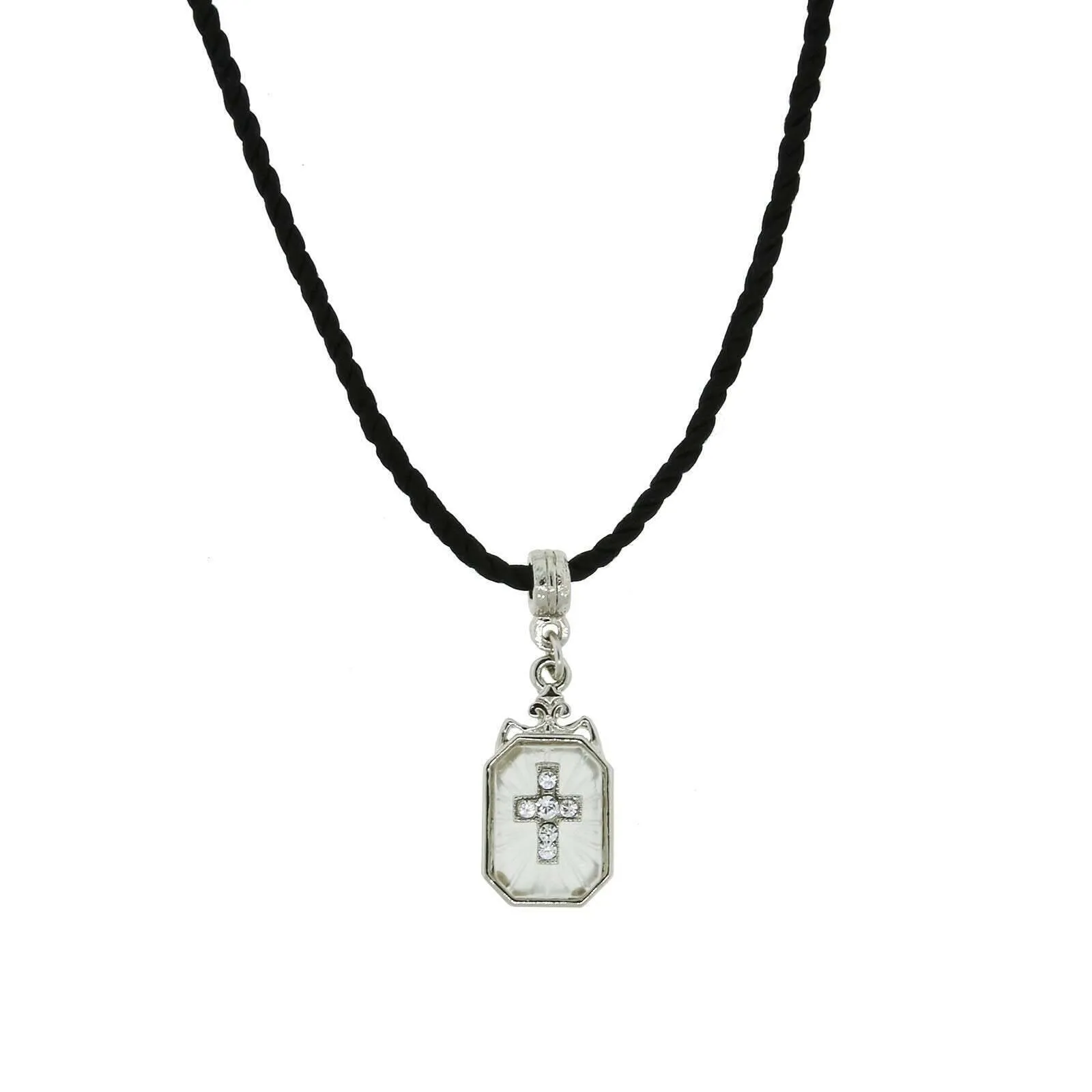 Symbols Of Faith Frosted Glass Crystal Cross Pendant Black Twist Rayon Cord Necklace 15"   3" Extender 1928 Jewelry