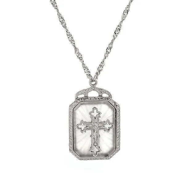 Symbols Of Faith Frosted Stone With Cross Large Pendant Necklace 28" 1928 Jewelry