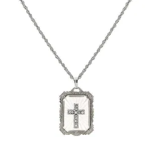 Symbols Of Faith Frosted Stone With Crystal Cross Large Pendant Necklace 18" 1928 Jewelry