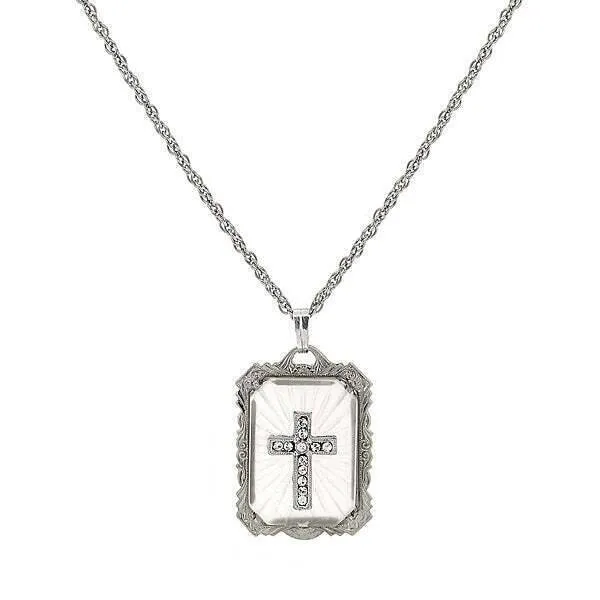 Symbols Of Faith Frosted Stone With Crystal Cross Large Pendant Necklace 18" 1928 Jewelry