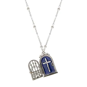 Symbols Of Faith Gate & Crucifix Blue Enamel Reliquary Necklace 24" 1928 Jewelry