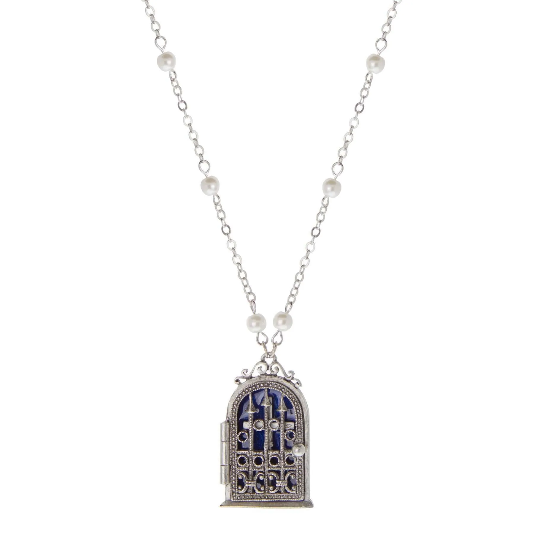Symbols Of Faith Gate & Crucifix Blue Enamel Reliquary Necklace 24" 1928 Jewelry